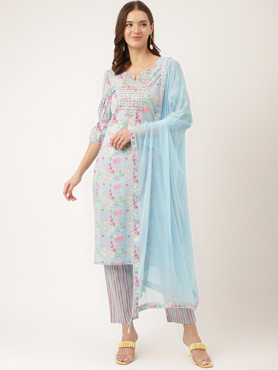 

KALINI Floral Printed Regular Gotta Patti Pure Cotton Kurta With Trousers & Dupatta, Blue