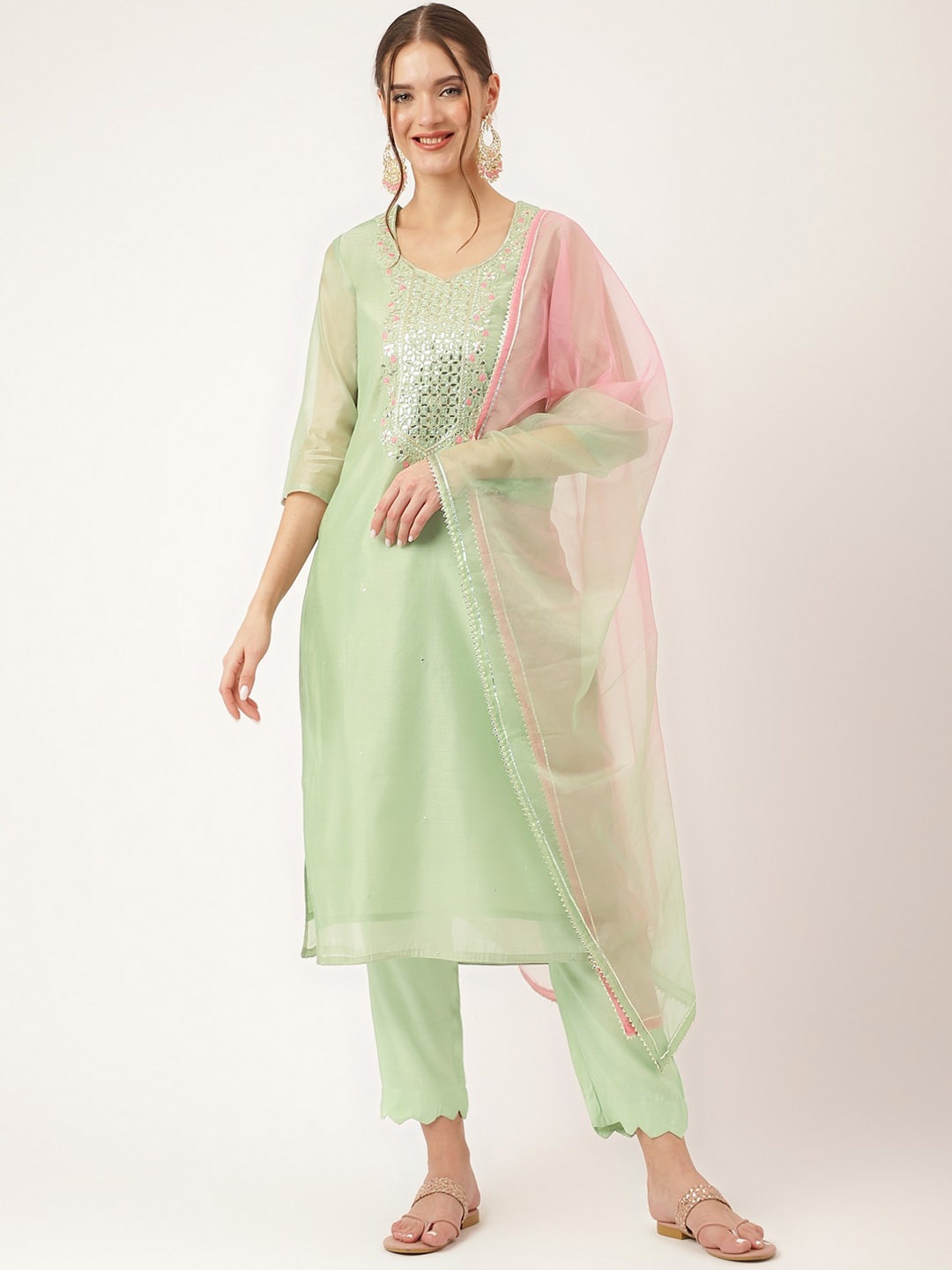 

KALINI Ethnic Motifs Yoke Design Chanderi Silk Straight Kurta & Trouser With Dupatta, Green