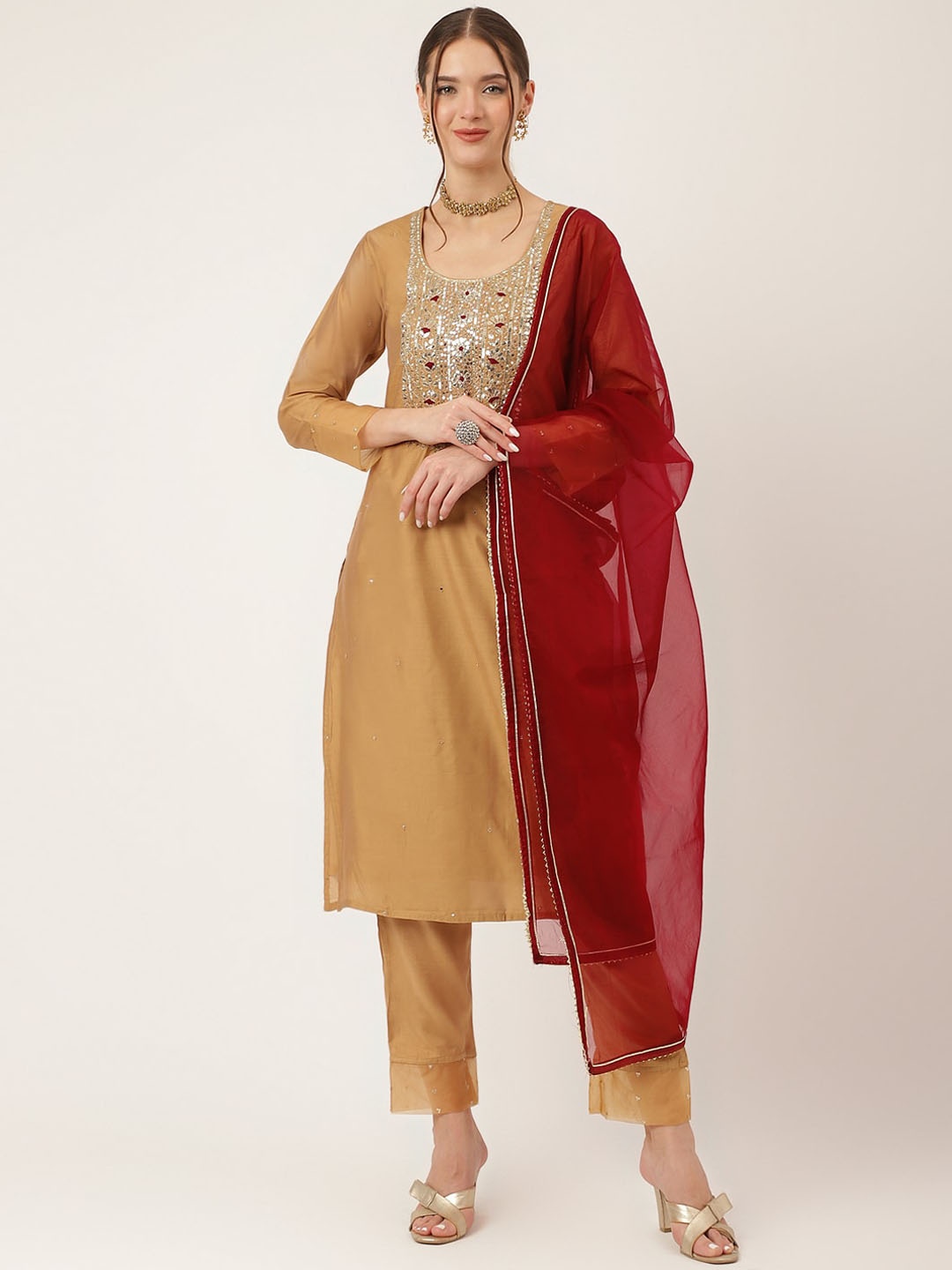 

KALINI Floral Yoke Design Mirror Work Chanderi Silk Kurta With Trousers & Dupatta, Brown