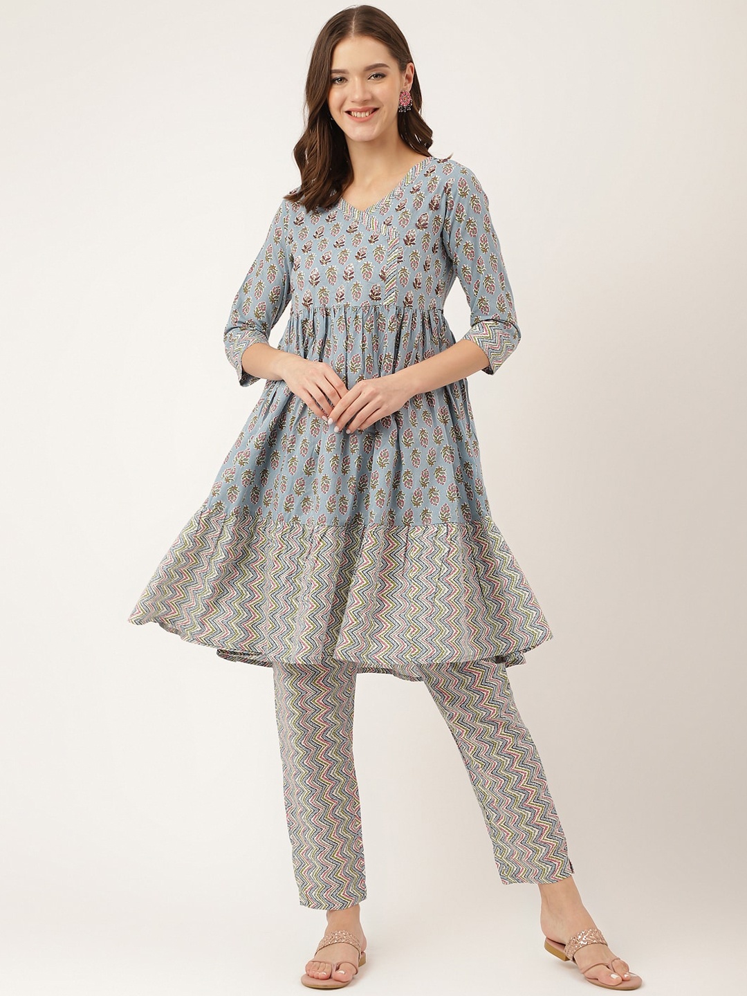 

KALINI Ethnic Motifs Printed Sequinned Angrakha Pure Cotton A-Line Kurta with Trousers, Blue