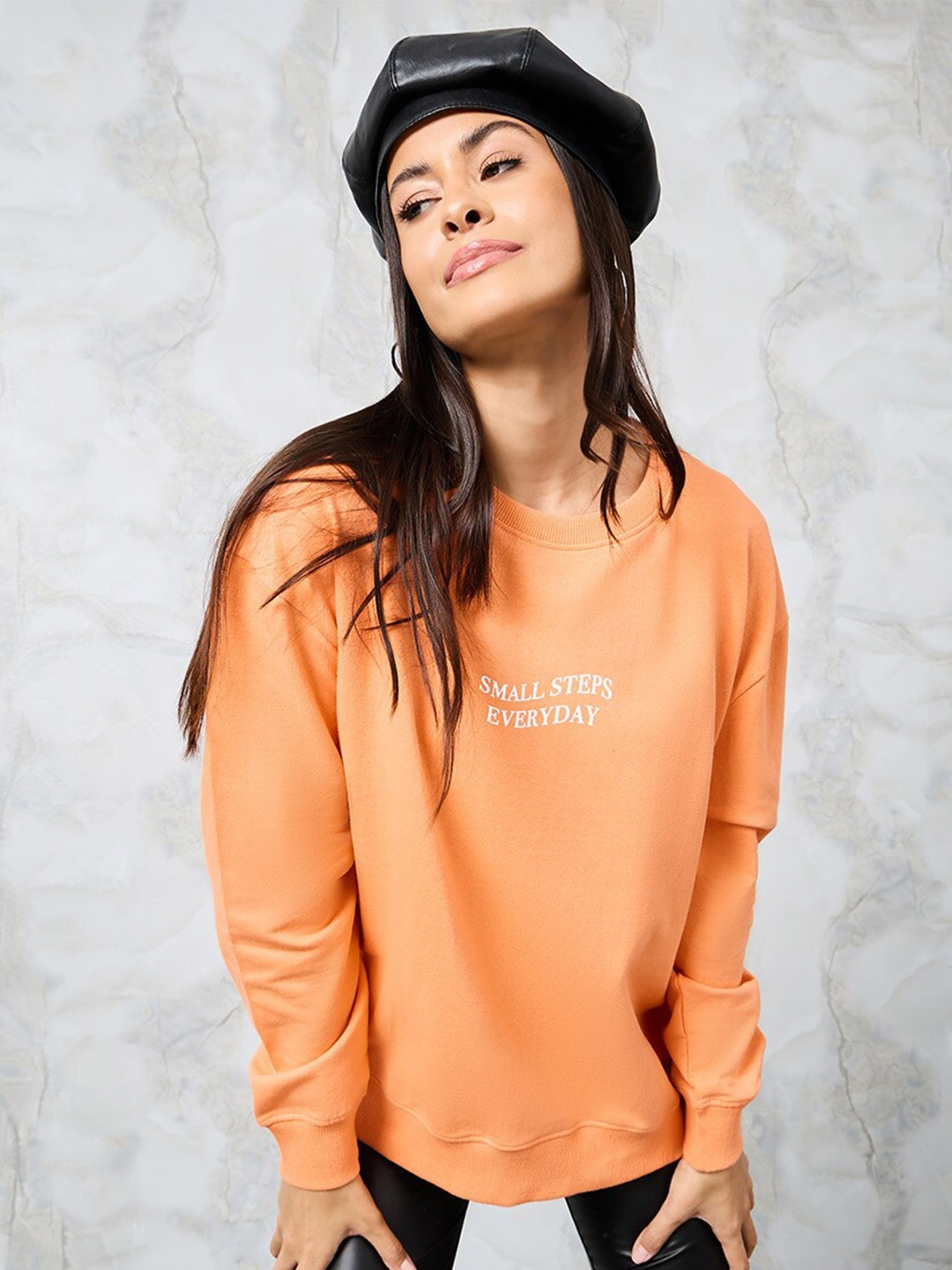 

Styli Orange Typography Printed Cotton Pullover Sweatshirt