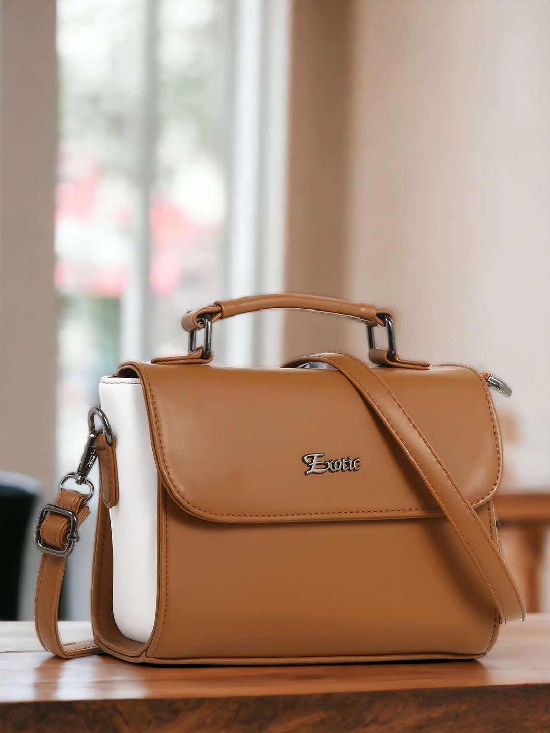 

Exotic Colourblocked Structured Leather Satchel, Tan