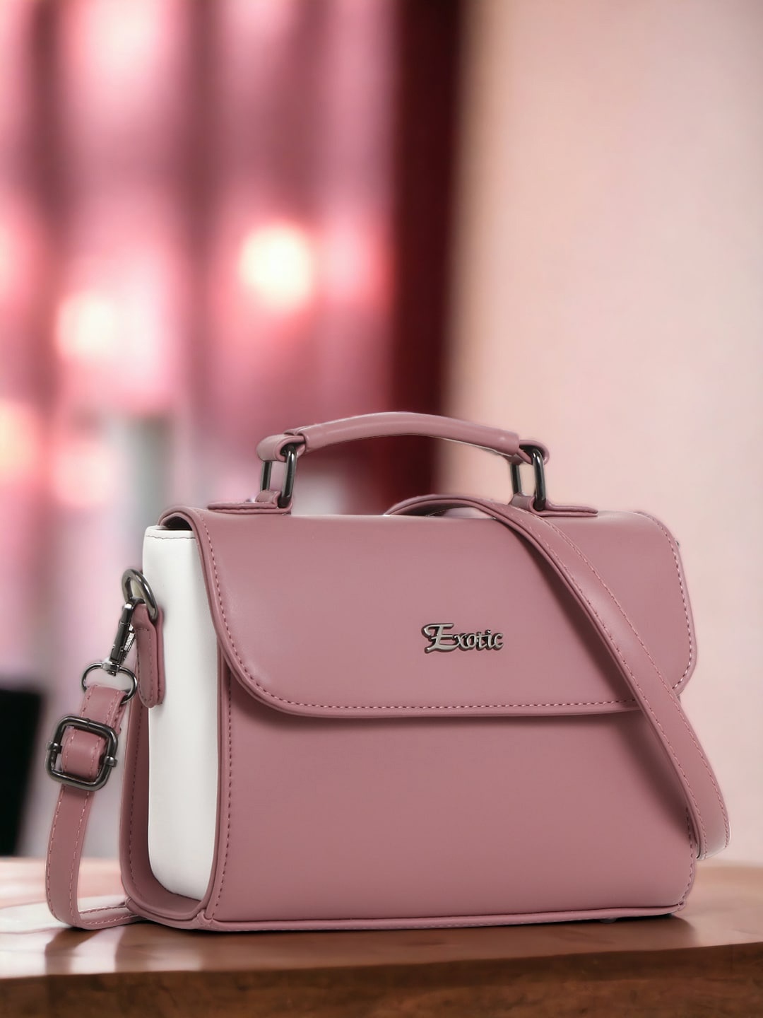

Exotic Colourblocked Structured Leather Satchel, Peach