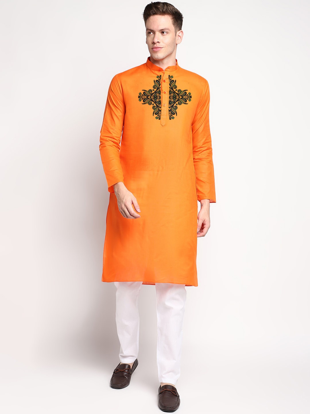 

DEVOILER Ethnic Motifs Printed Band Collar Long Sleeve Straight Kurta With Pyjama, Orange