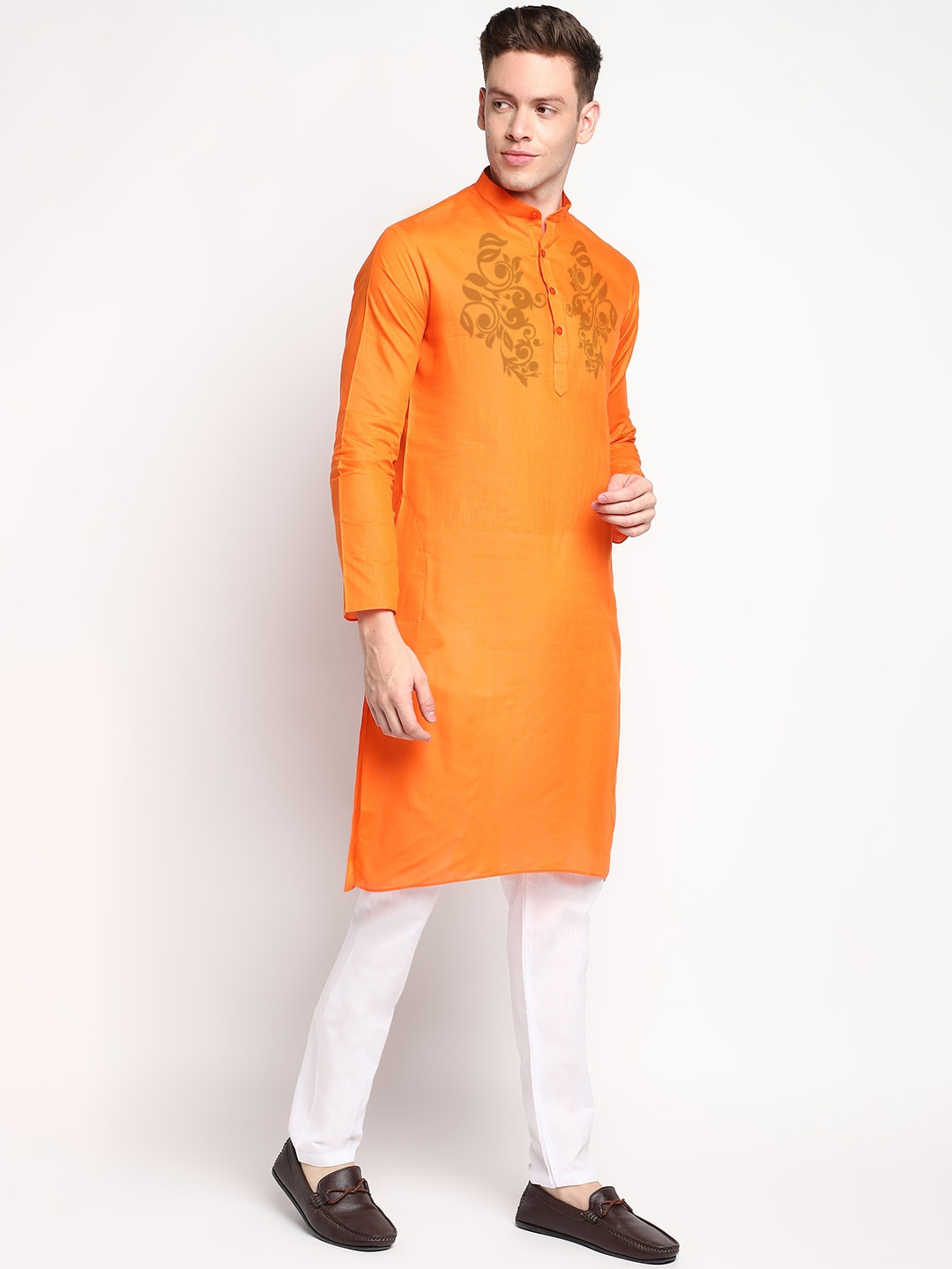 

DEVOILER Ethnic Motifs Printed Band Collar Long Sleeve Straight Kurta With Pyjama, Orange