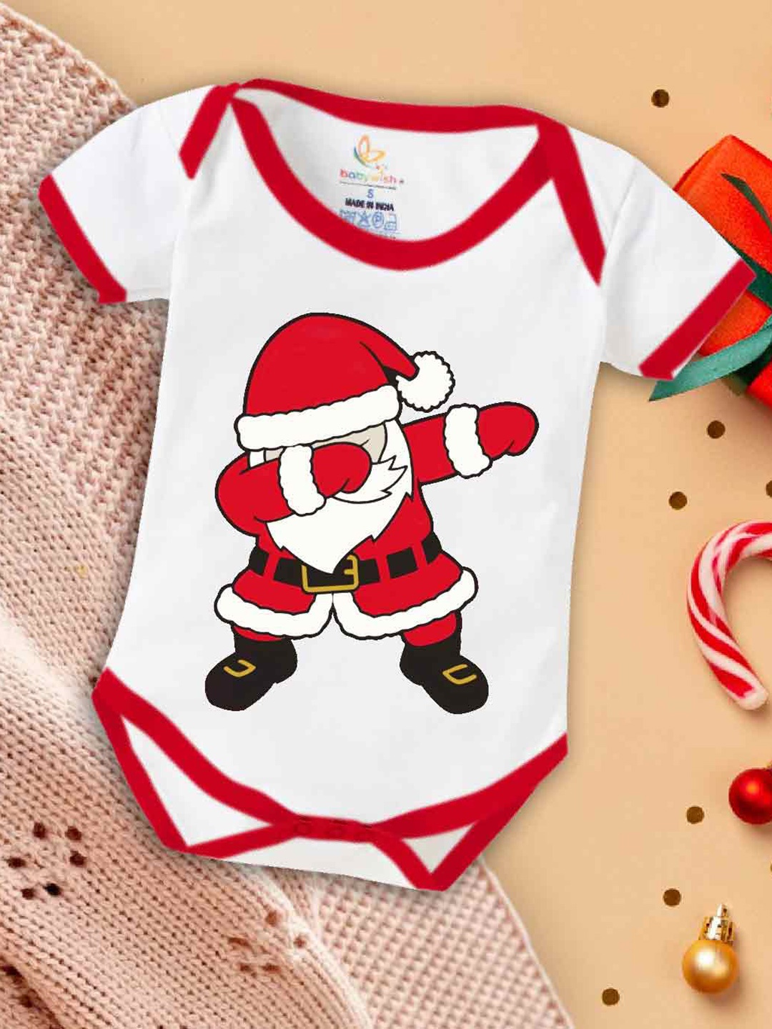 

Babywish Infants Kids Santa Claus Printed Envelop Neck Cotton Bodysuit, White