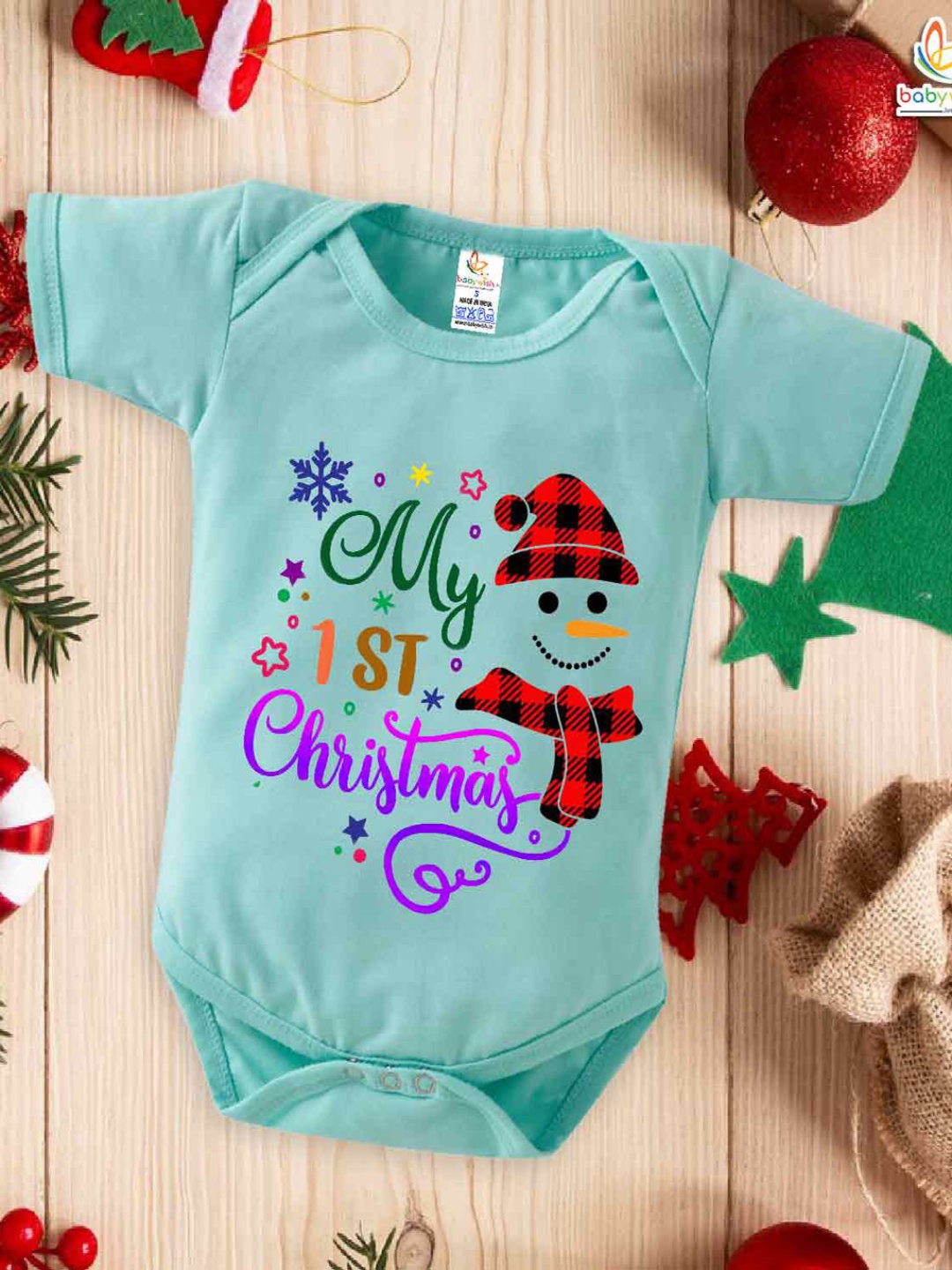 

Babywish Infants Christmas Typography Printed Cotton Bodysuit, Sea green