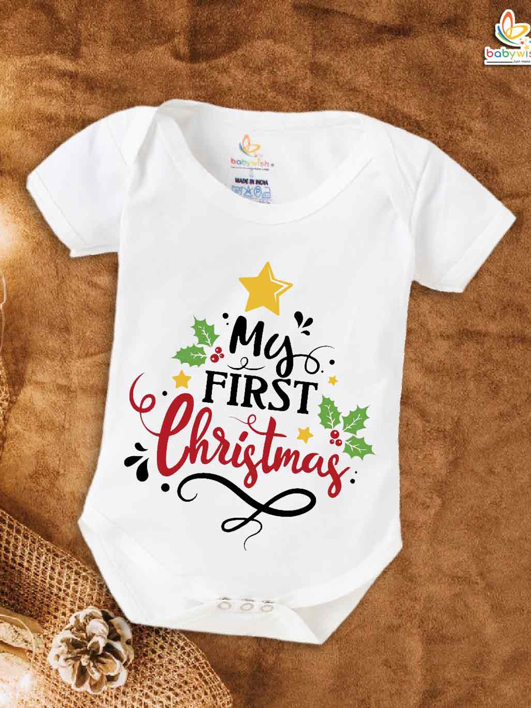 

Babywish Infants Christmas Typography Printed Cotton Bodysuit, White
