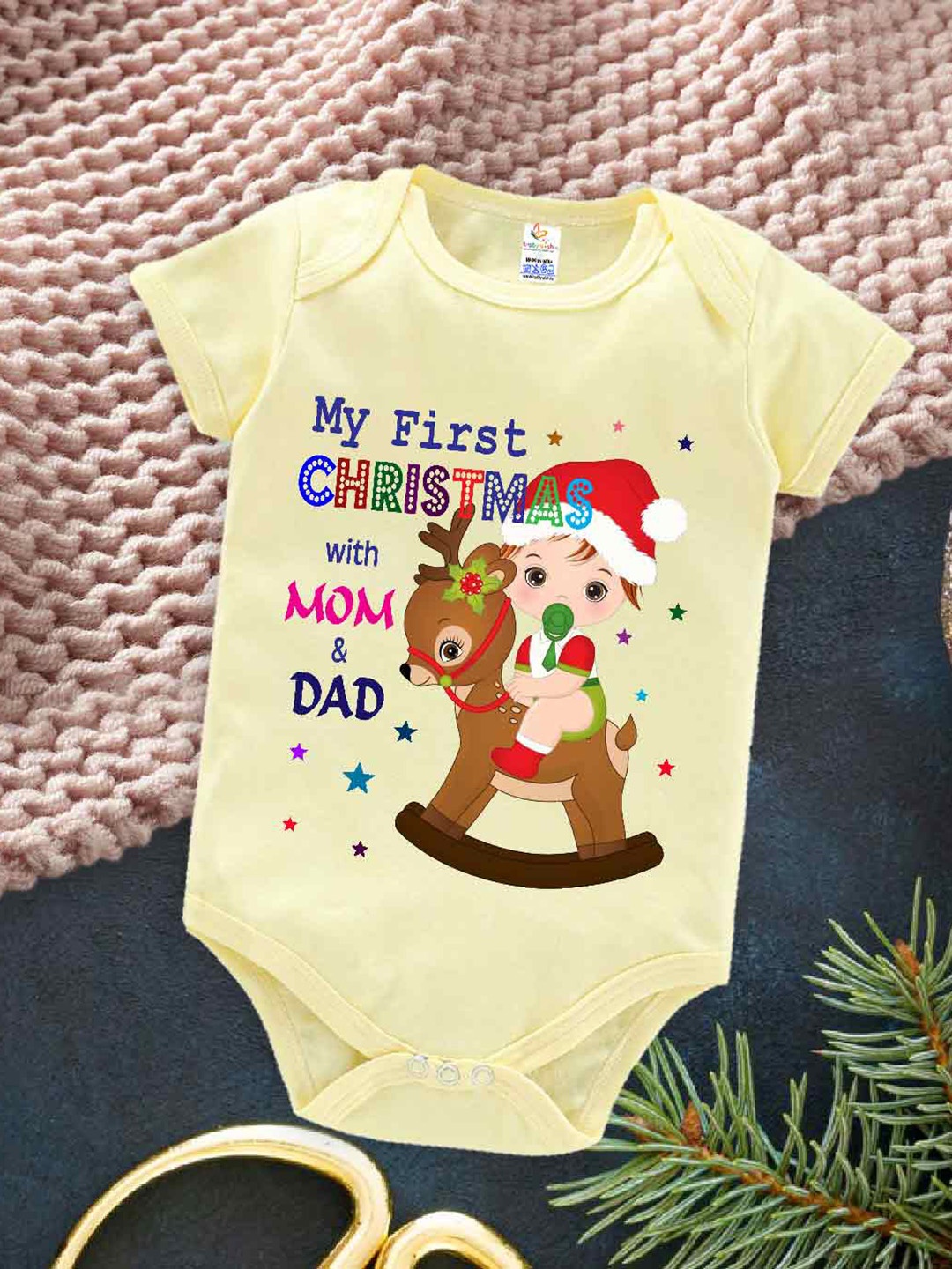 

Babywish Infants Christmas Typography Printed Cotton Bodysuit, Yellow