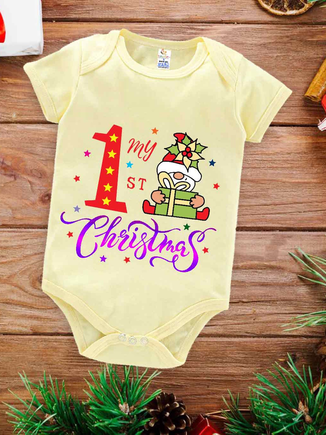 

Babywish Infants Christmas Typography Printed Cotton Bodysuit, Yellow