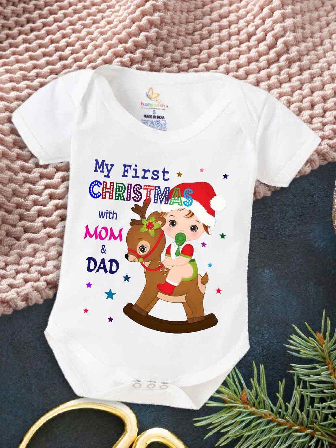 

Babywish Infants Kids Christmas Printed Envelop Neck Cotton Bodysuit, White
