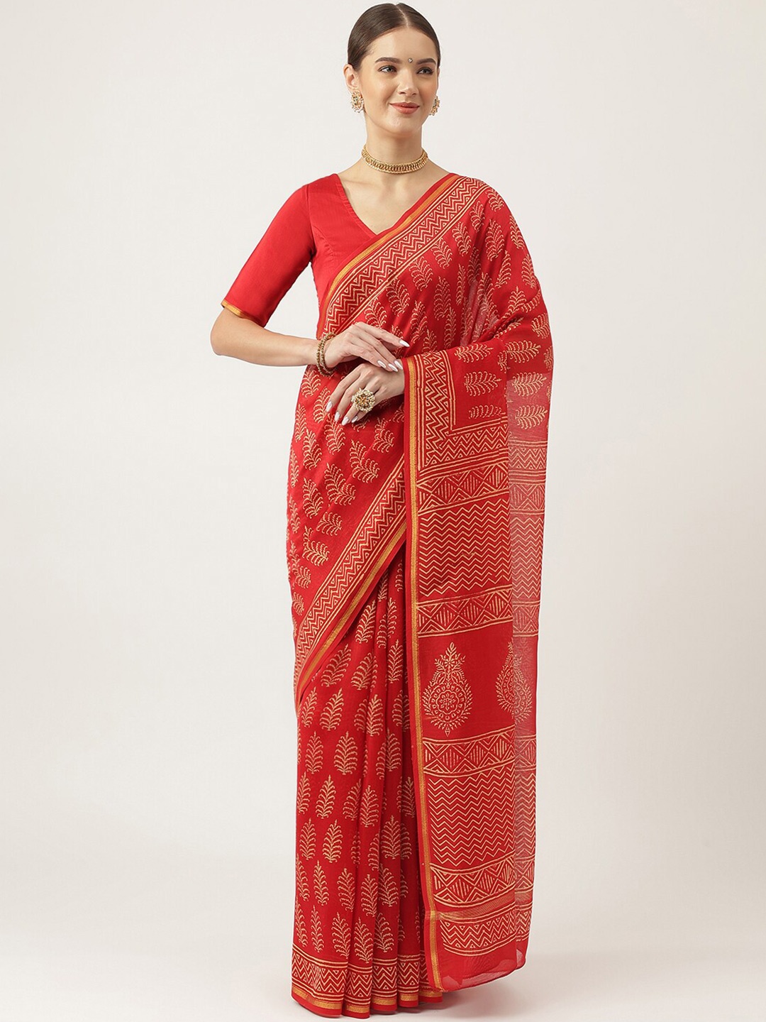 

KALINI Ethnic Motifs Printed Zari Silk Cotton Bagru Saree, Red