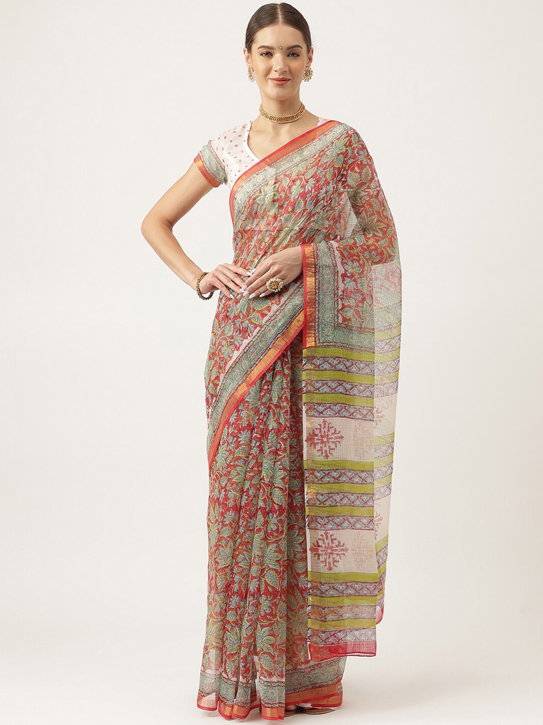 

KALINI Floral Printed Zari Pure Cotton Bagru Saree, Maroon