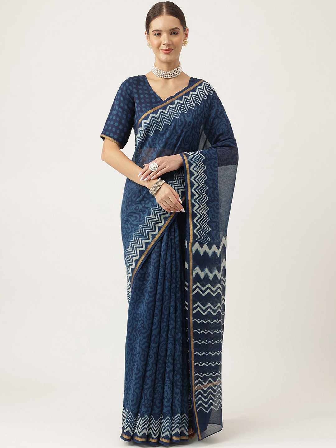 

KALINI Ethnic Motifs Printed Zari Silk Cotton Bagru Saree, Blue