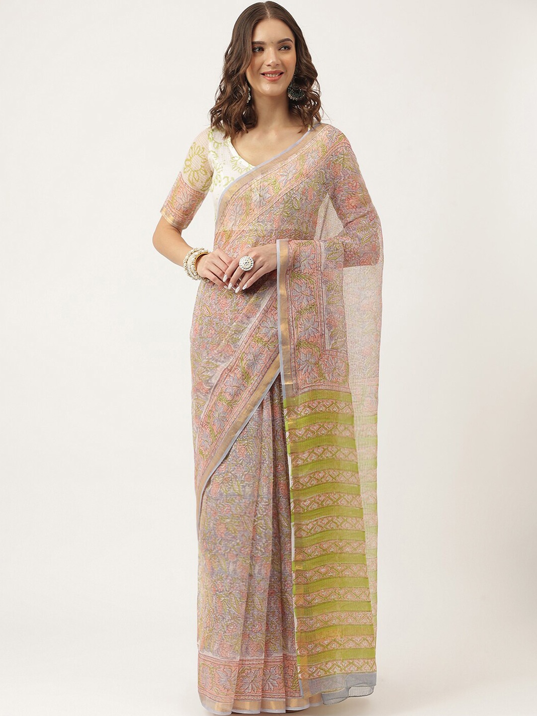 

KALINI Floral Printed Zari Pure Cotton Bagru Saree, Green