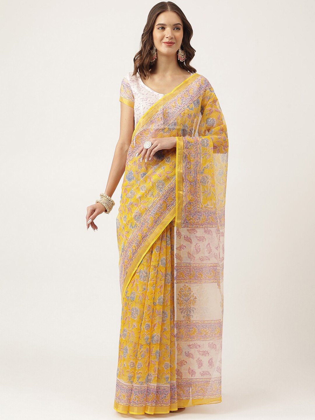 

KALINI Floral Printed Pure Cotton Saree, Yellow