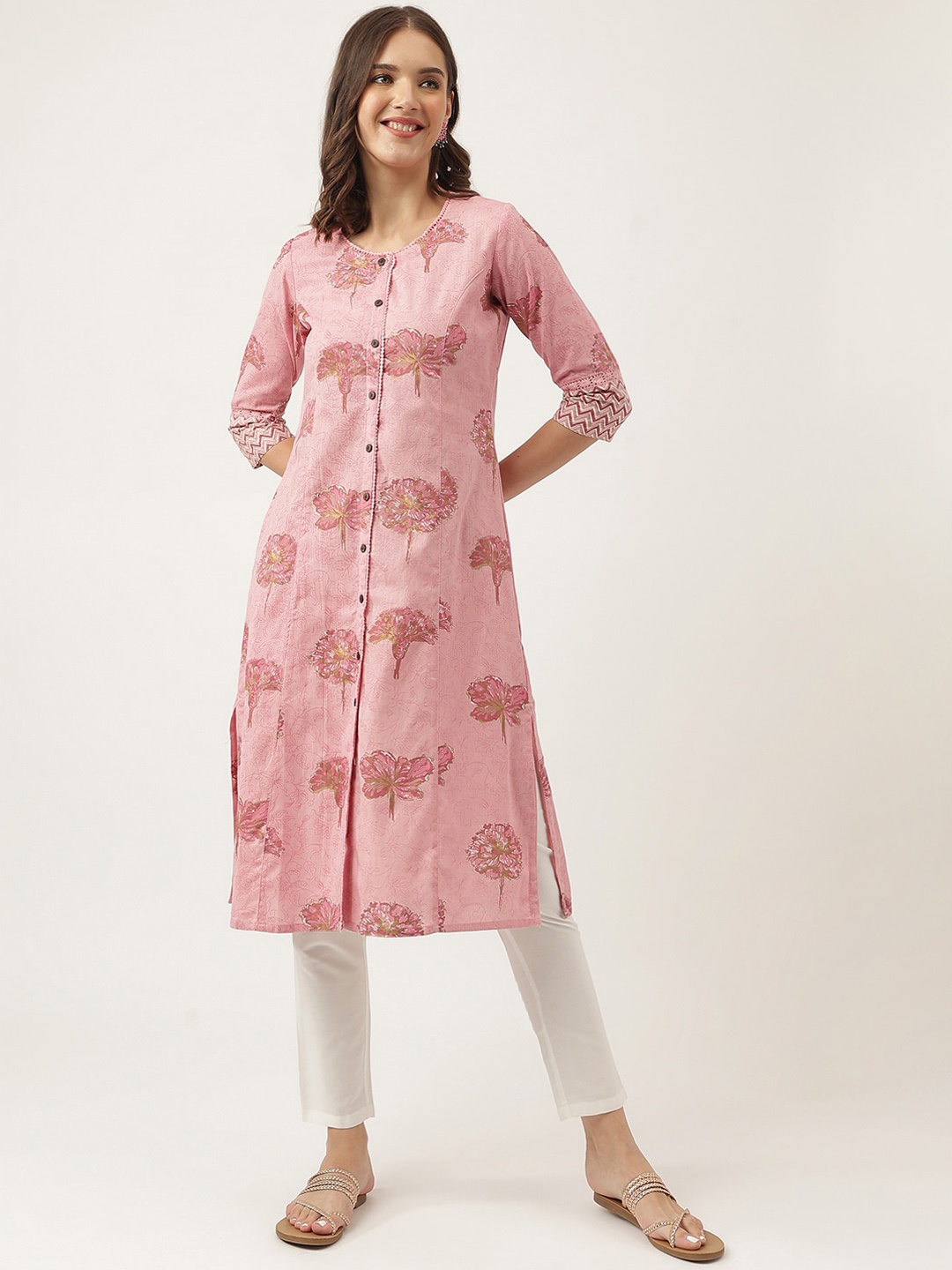 

KALINI Floral Printed Cotton A-Line Kurta, Pink