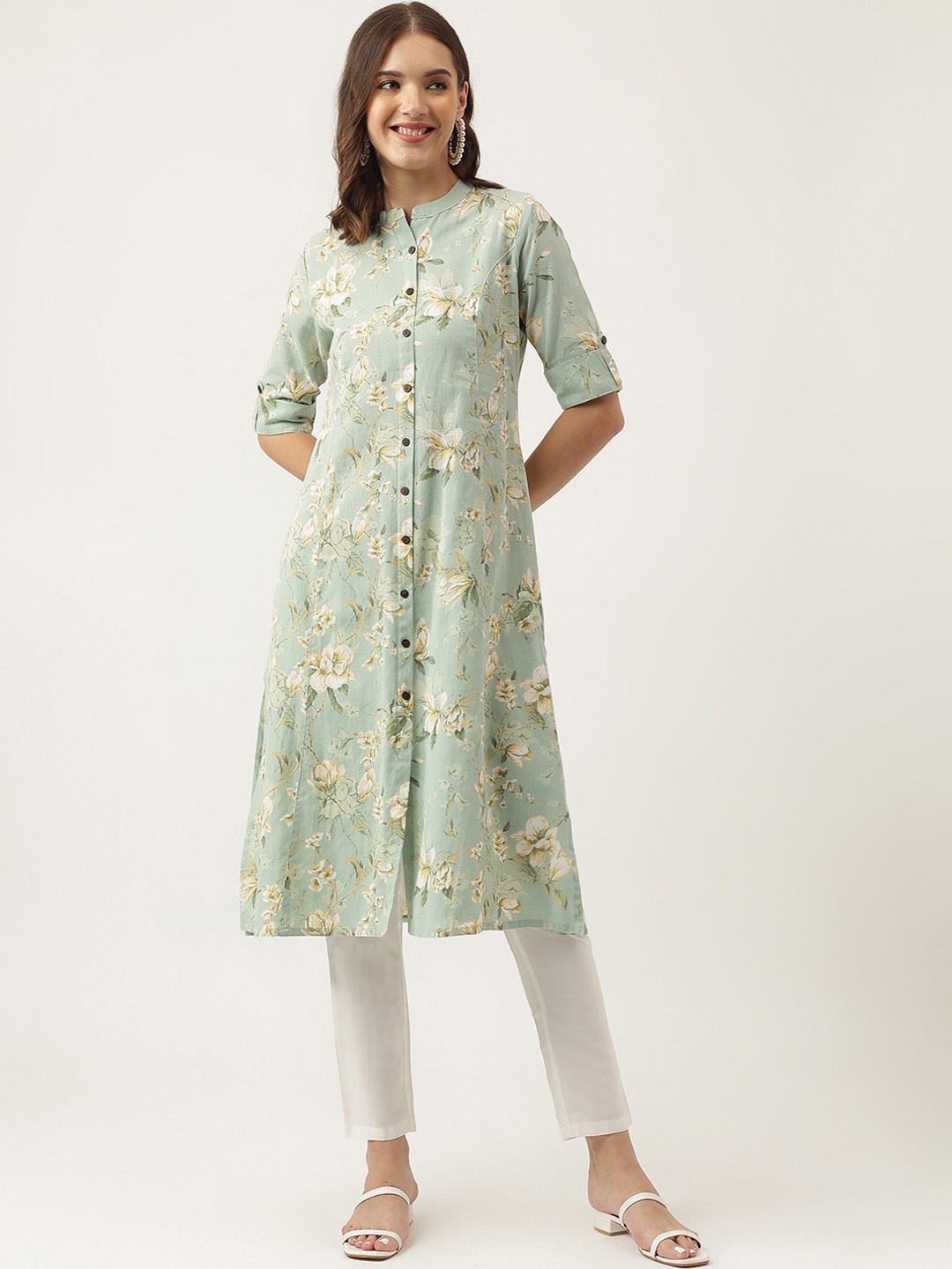 

KALINI Floral Printed Mandarin Collar Cotton A-Line Kurta, Green