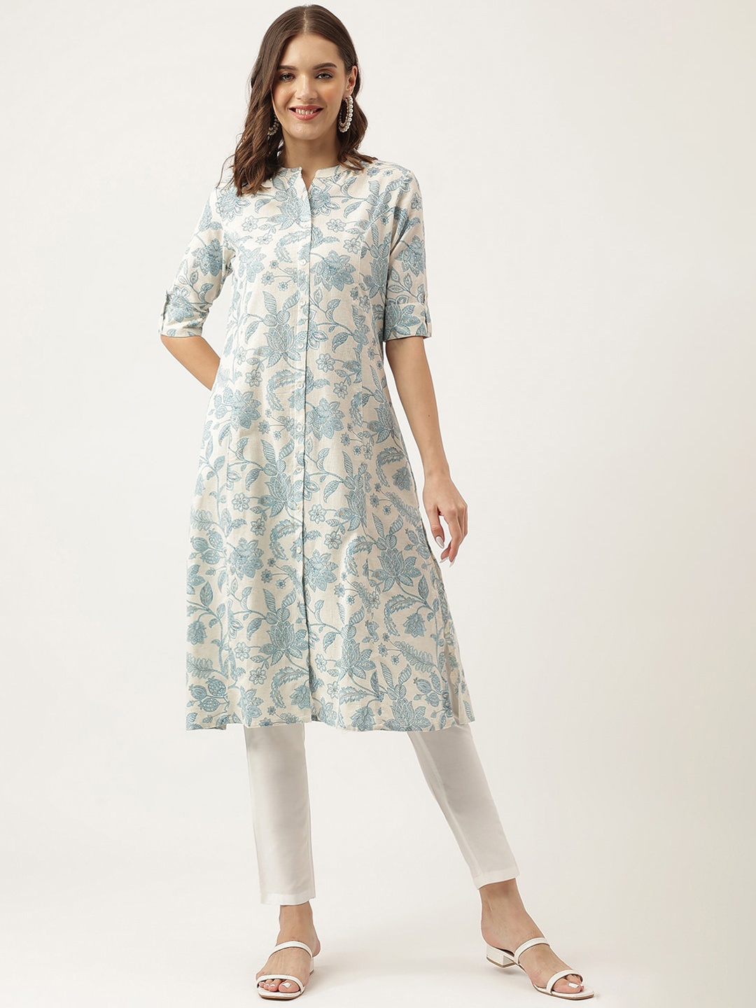 

KALINI Floral Printed Pure Cotton A-Line Kurta, Blue