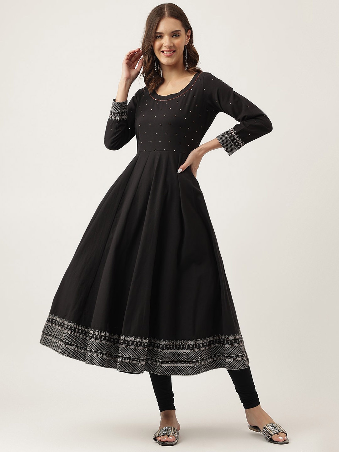 

KALINI Geometric Embroidered Sequinned Detailed Cotton Anarkali Kurta, Black