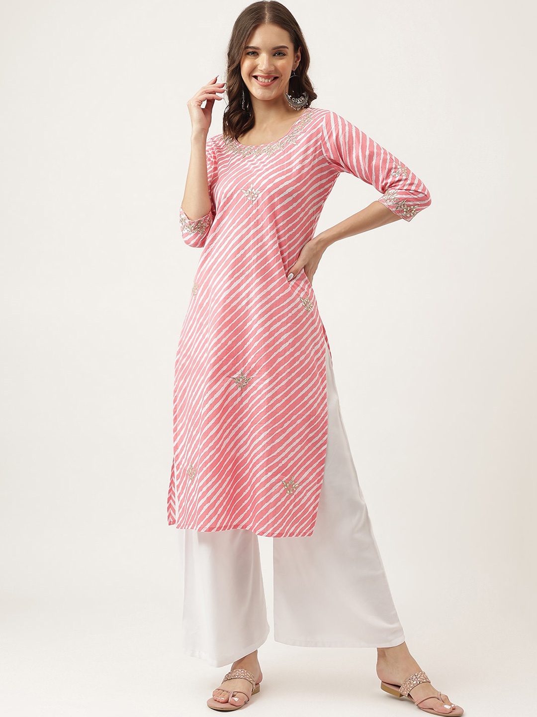 

KALINI Leheriya Printed Thread Work Cotton Straight Kurta, Pink