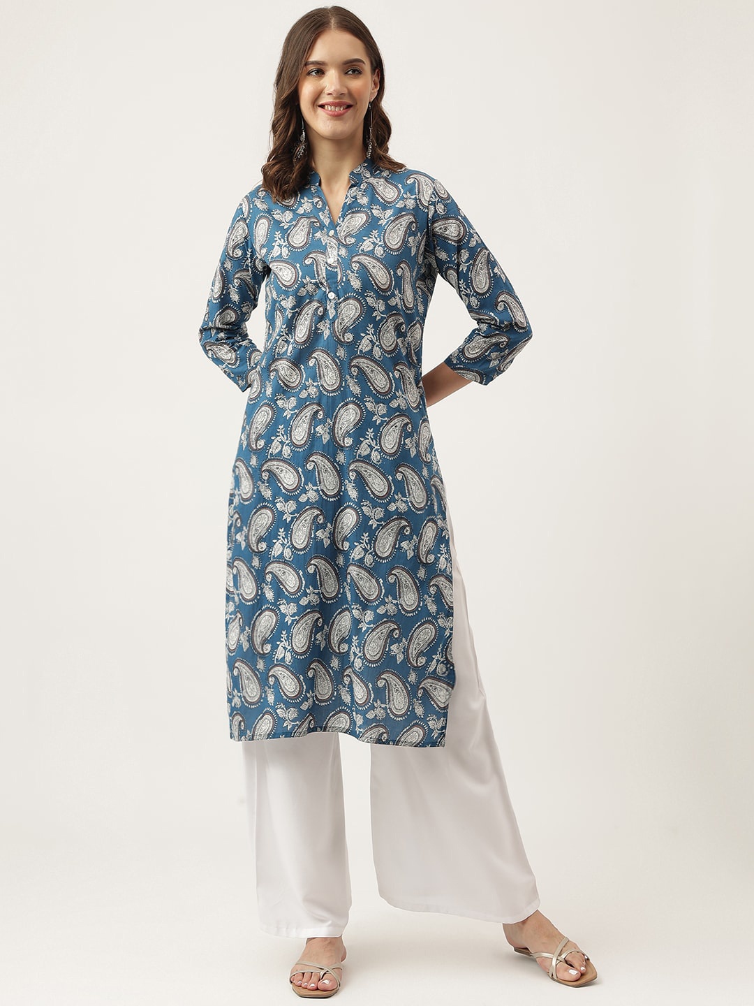 

KALINI Paisley Printed Mandarin Collar Cotton Straight Kurta, Blue