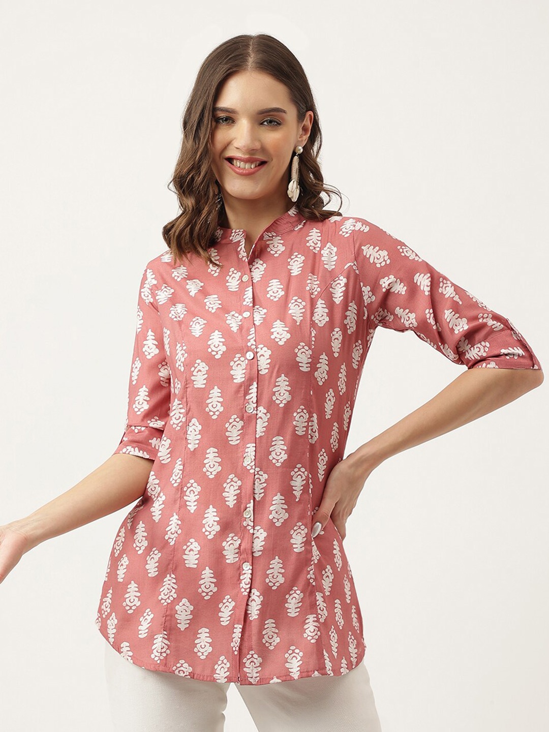 

KALINI Ethnic Motifs Printed Mandarin Collar Roll-Up Sleeves Shirt Style Top, Peach
