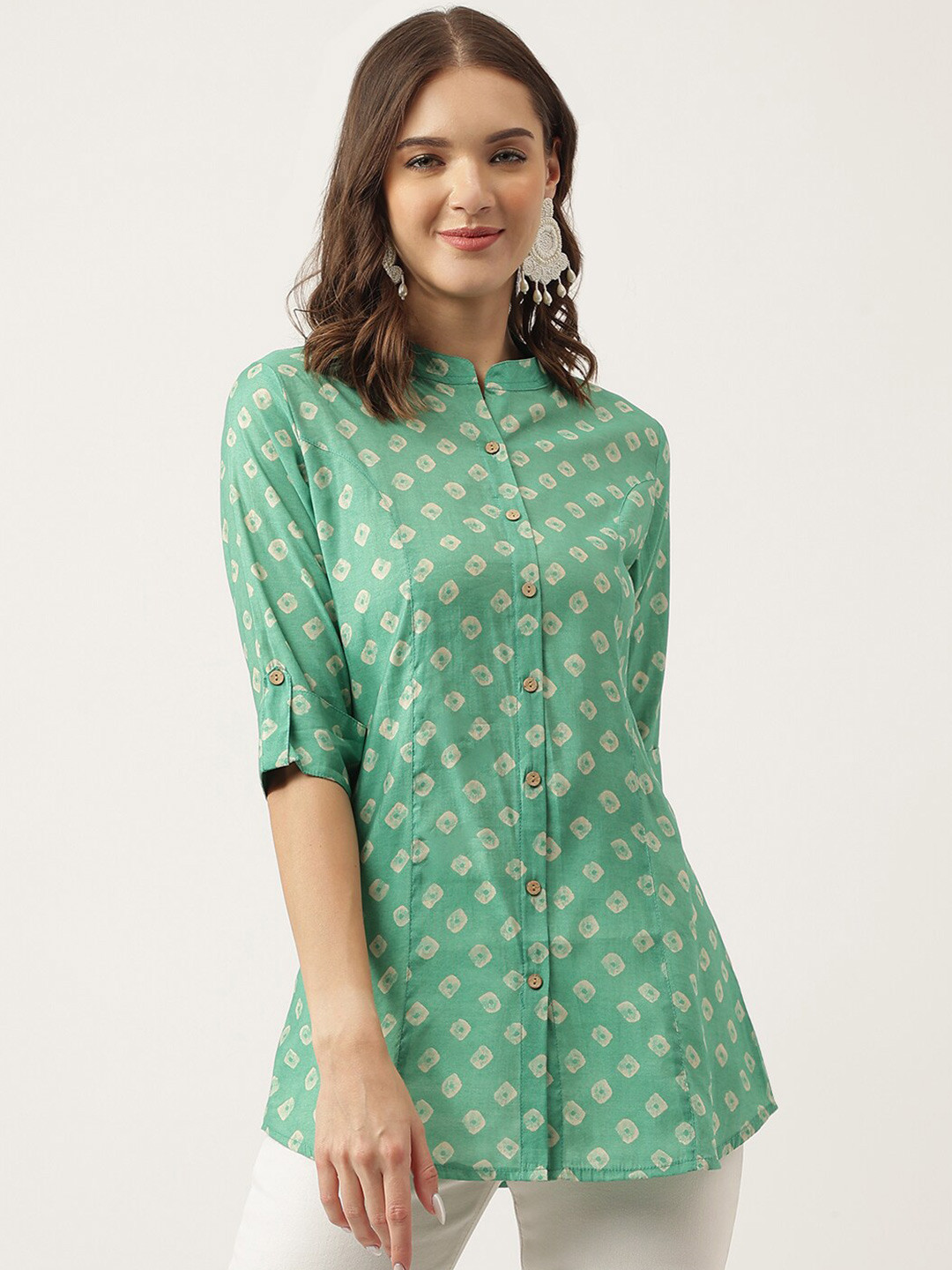 

KALINI Geometric Printed Mandarin Collar Roll-Up Sleeves Shirt Style Top, Green