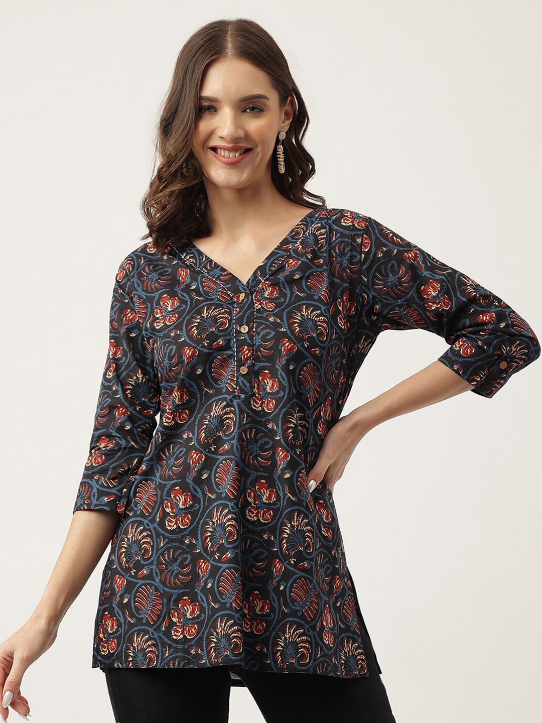 

KALINI Floral Printed V-Neck Regular Cotton Top, Navy blue