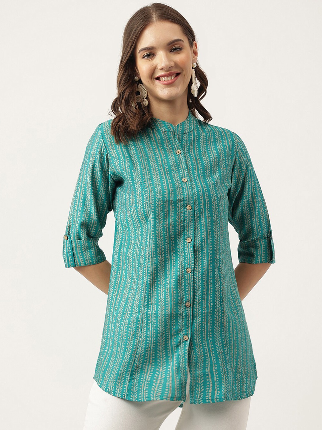 

KALINI Ethnic Motifs Printed Mandarin Collar Roll-Up Sleeves Shirt Style Top, Teal