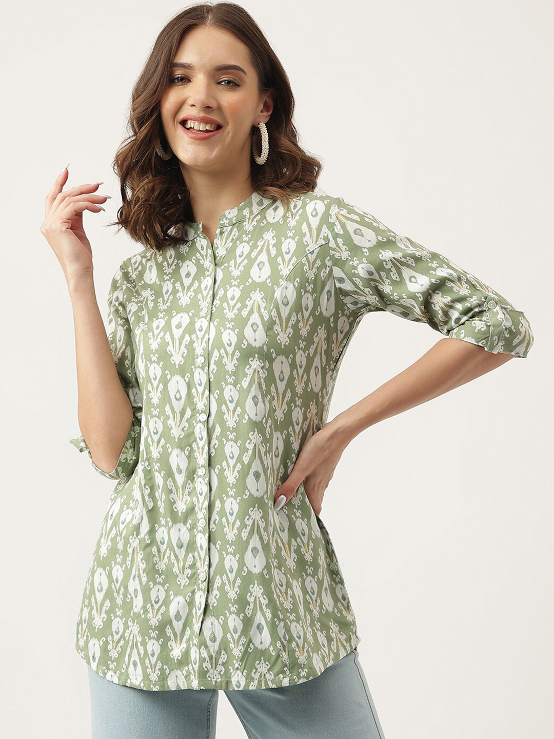 

KALINI Ethnic Motifs Printed Mandarin Collar Roll-Up Sleeves Shirt Style Top, Green