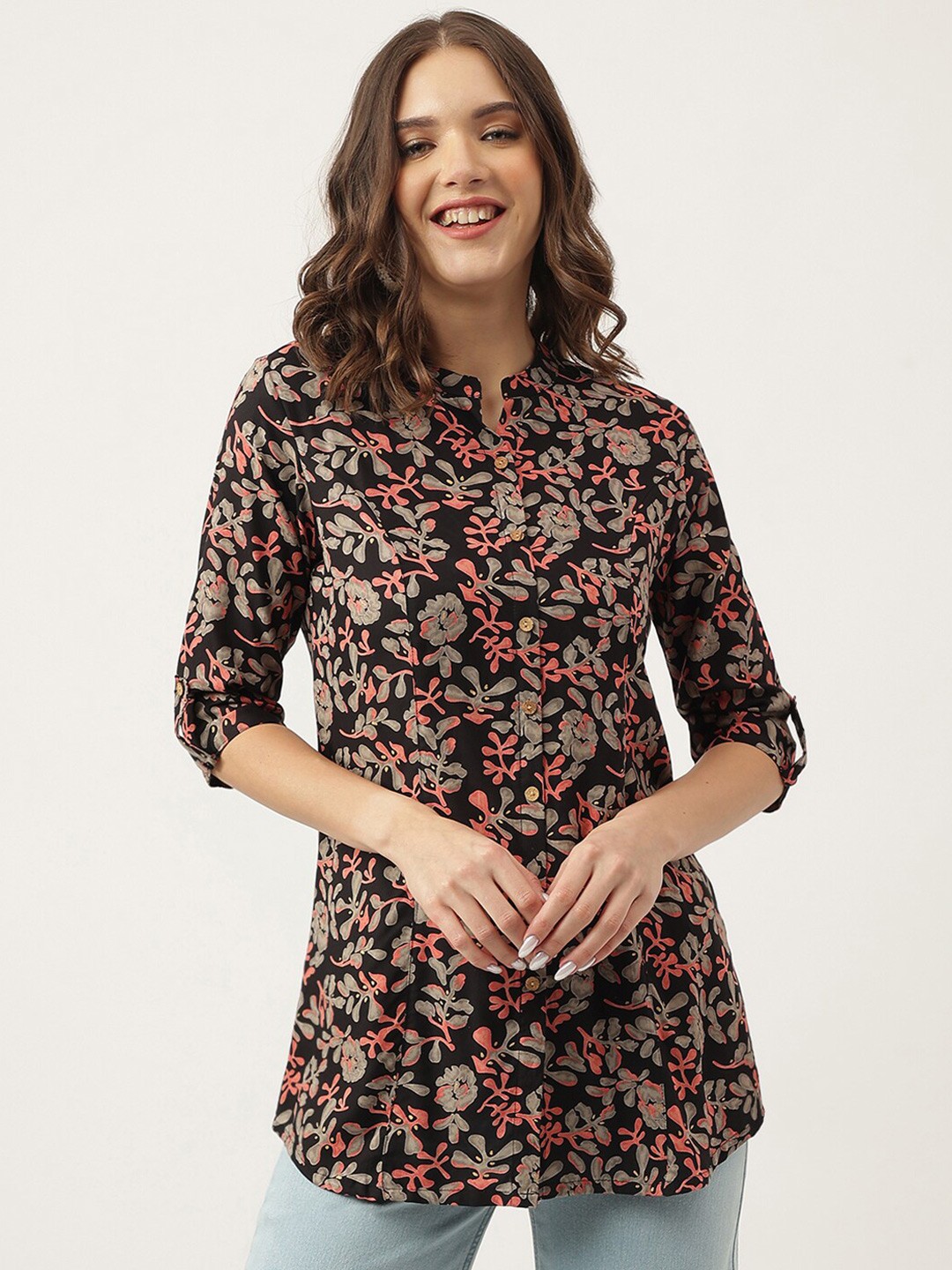 

KALINI Floral Printed Mandarin Collar A-Line Kurti, Black