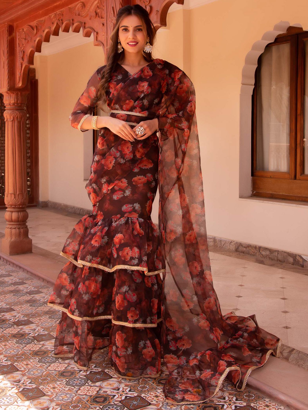 

Calmna Floral Printed Ready To Wear Ruffled Organza Saree, Brown