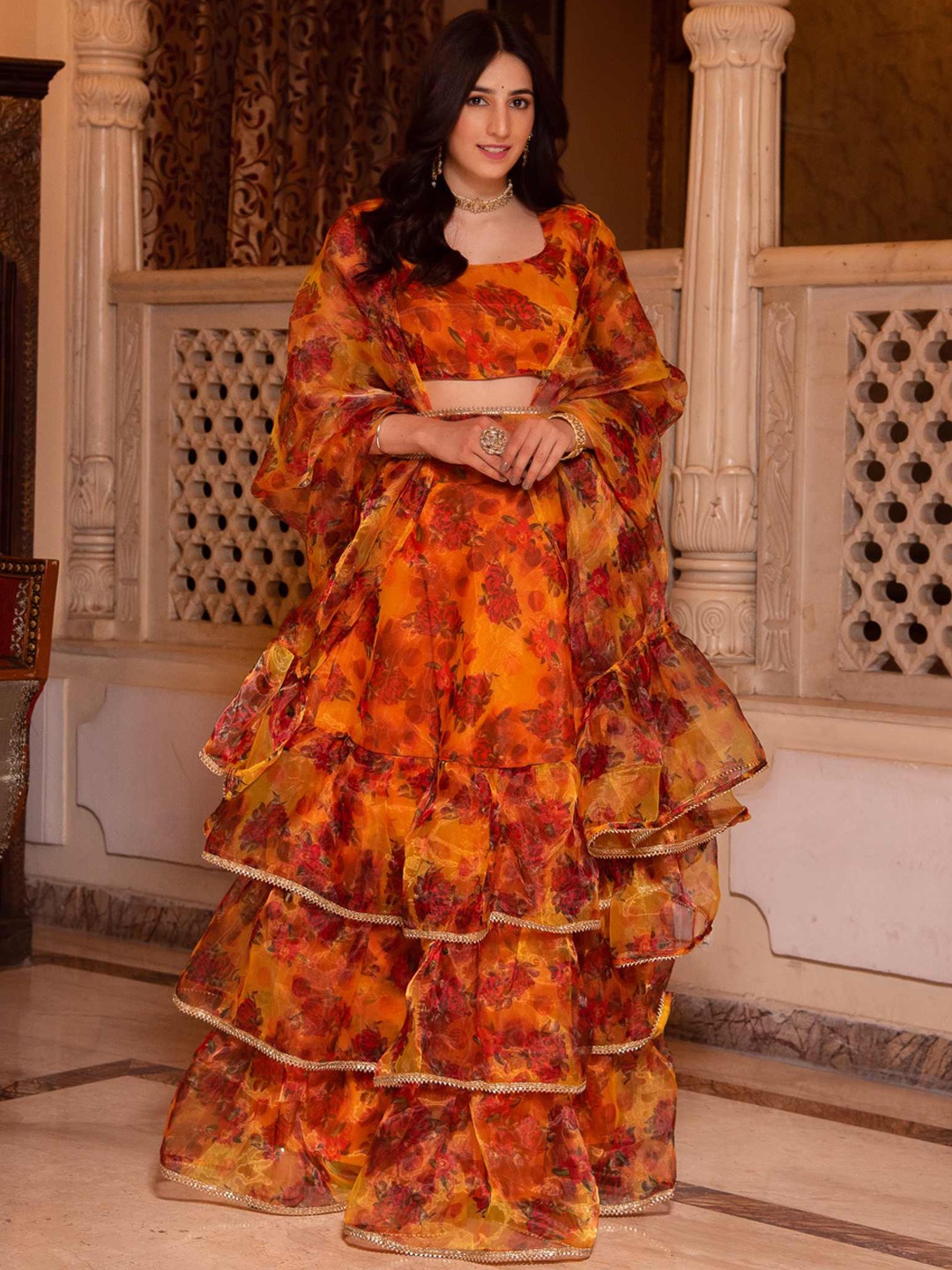 

Calmna Floral Printed Organza Top And Sharara With Dupatta, Yellow