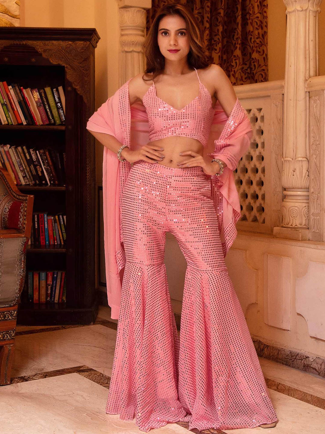

Calmna Embellished Sequinned Top And Sharara With Dupatta, Pink