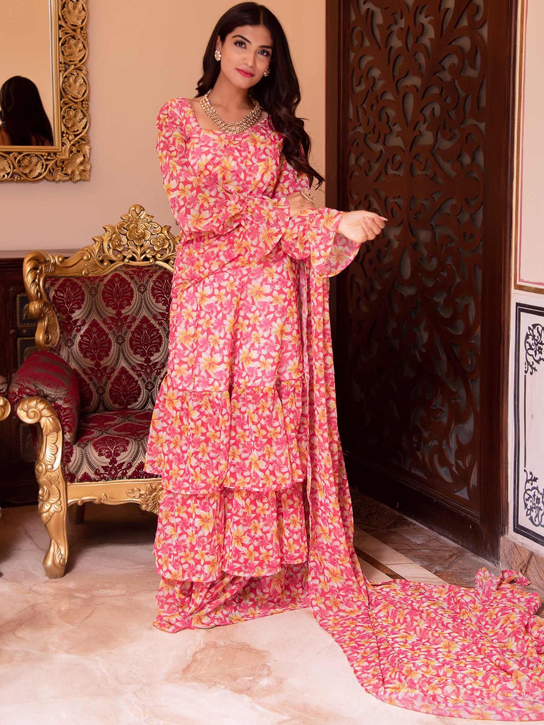 

Calmna Floral Printed Ruffles Ready to Wear Saree, Pink