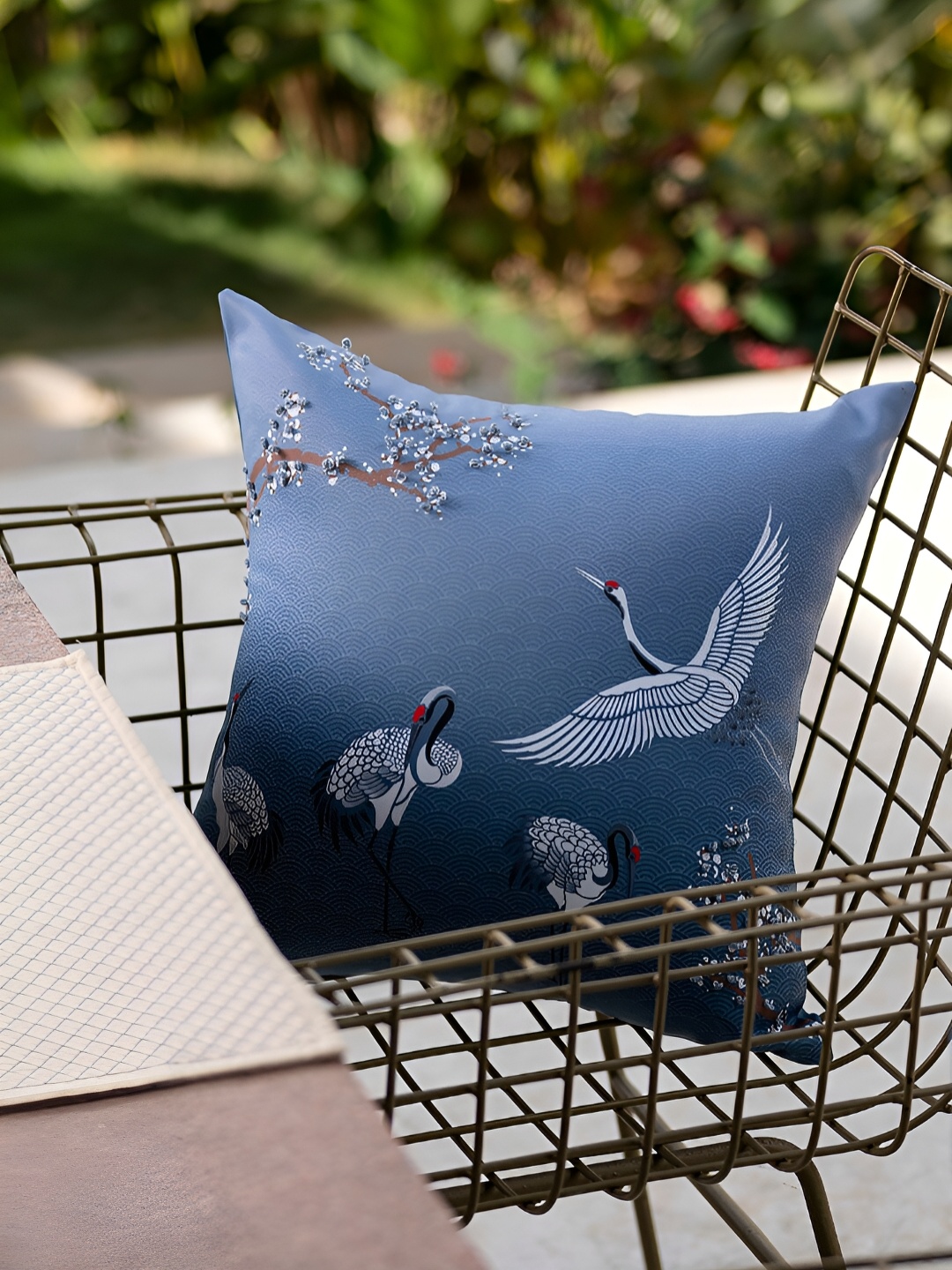 

Eris Home Dreamy Cranes Blue Embroidered Satin Square Cushion Cover