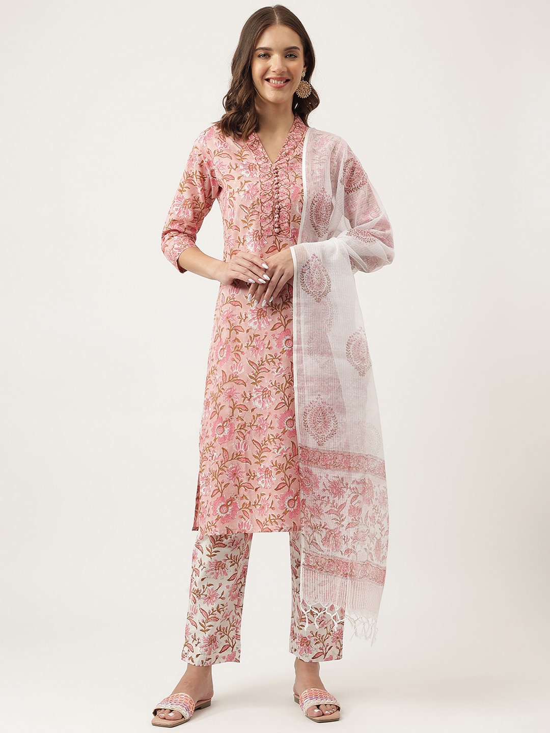 

KALINI Floral Printed V-Neck Pure Cotton Straight Kurta & Trouser With Dupatta, Pink