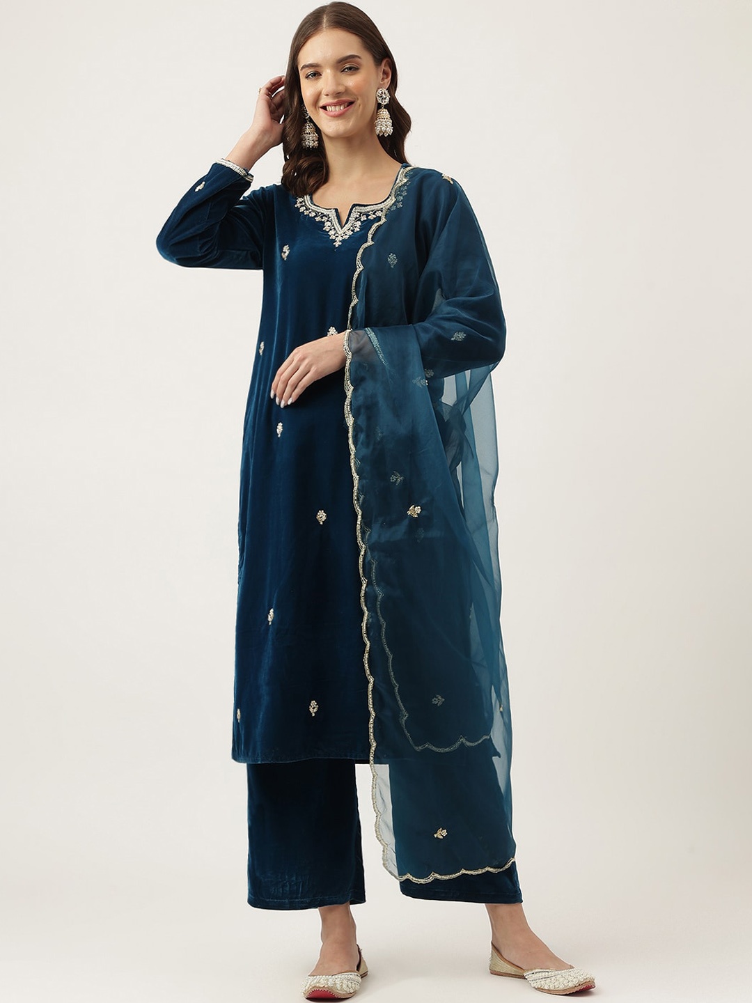 

KALINI Floral Embroidered Beads and Stones Velvet Kurta With Palazzos & Dupatta, Blue