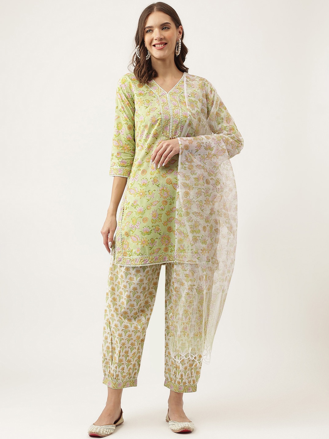 

KALINI Floral Printed Gotta Patti Pure Cotton Kurta With Salwar & Dupatta, Green