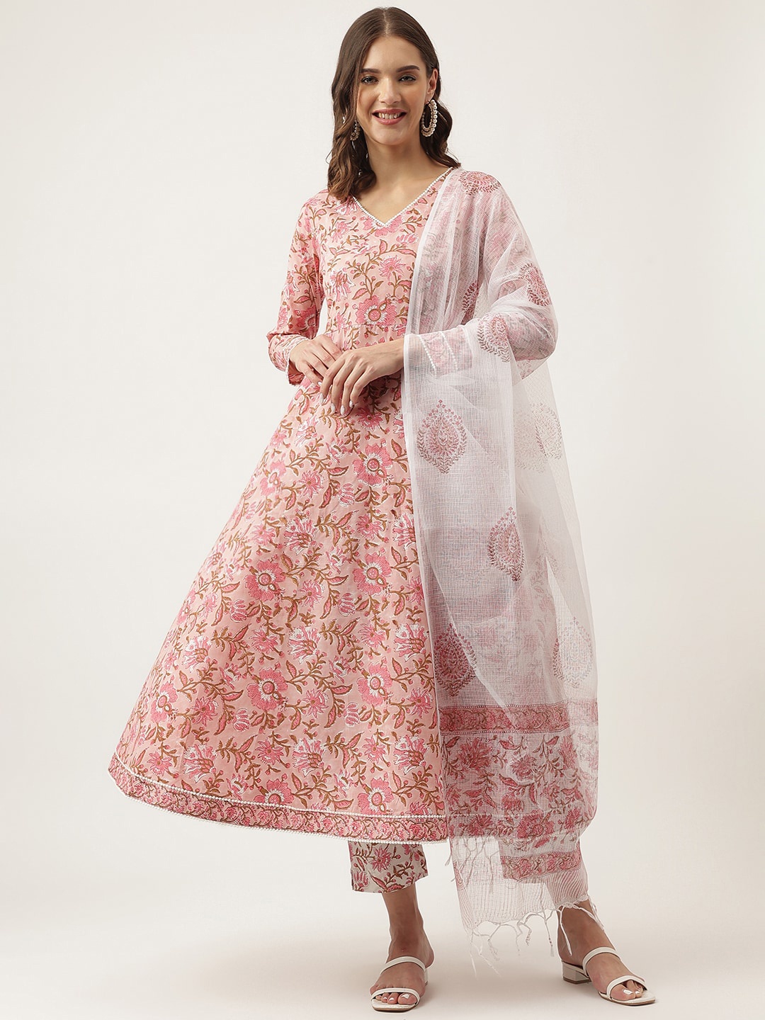 

KALINI Floral Printed Pure Cotton Anarkali Kurta & Trouser With Dupatta, Pink