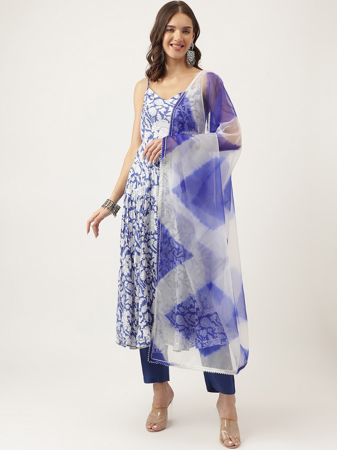

KALINI Floral Printed Anarkali Gotta Patti Kurta With Trousers & Dupatta, Blue