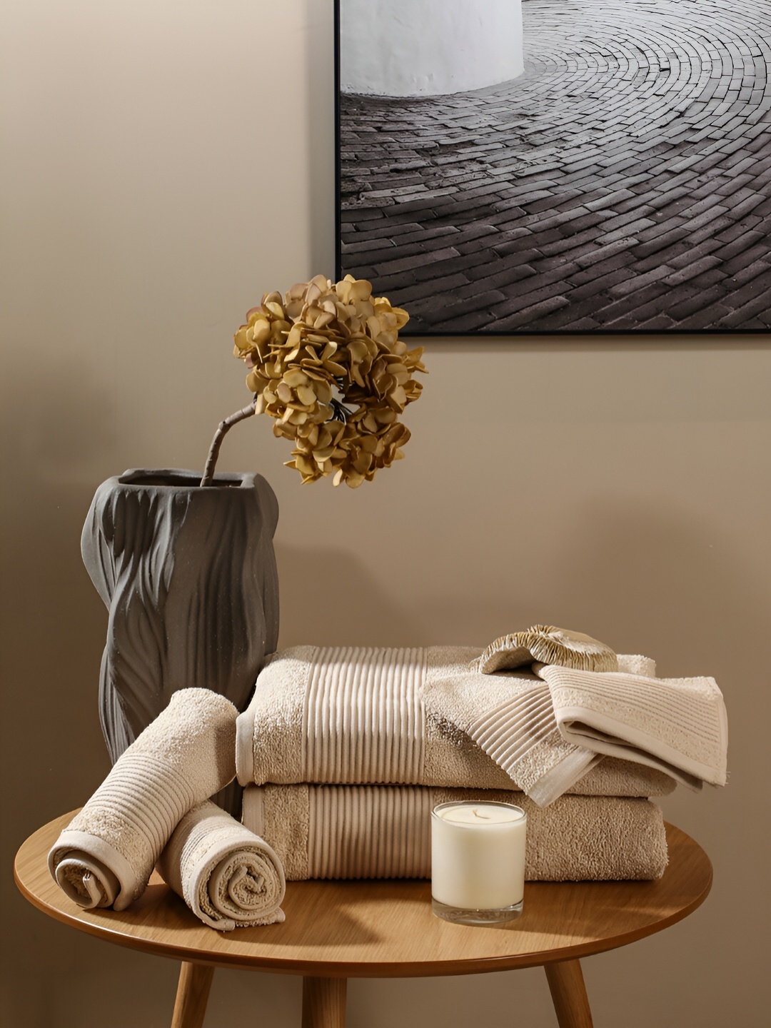 

Eris Home Green 6 Pieces Self Design Pure Cotton 500 GSM Towel Set, Beige