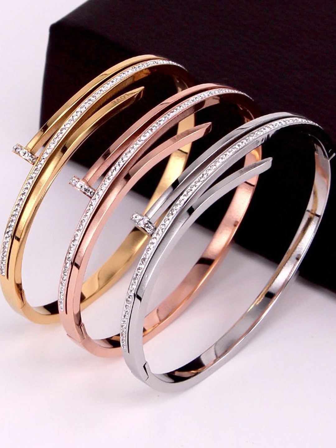 

Designs & You Set Of 3 American Diamond-Studded Bangle-Style Bracelets, Rose gold