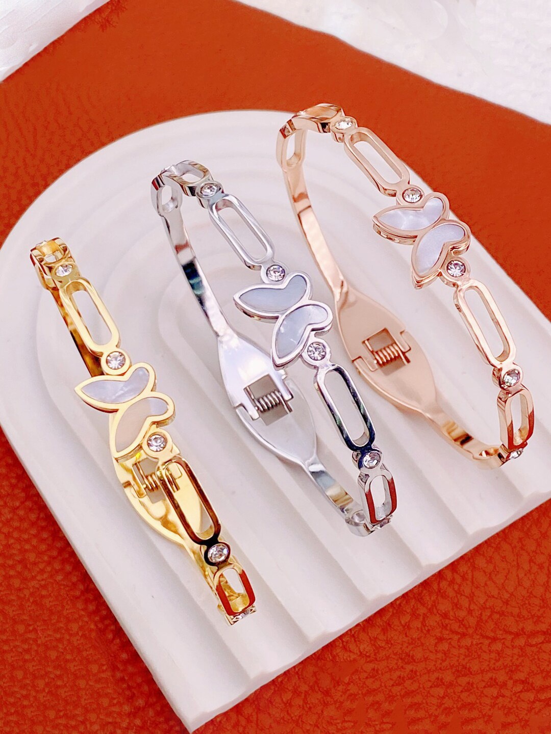 

Designs & You Women Set Of 3 Gold-Plated Mother Of Pearl Bangle-Style Bracelet