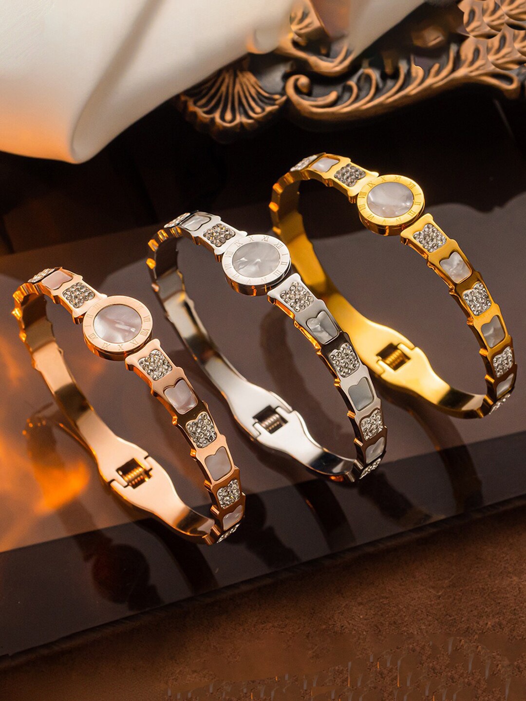 

Designs & You Set Of 3 Roman Numerals Detail AD-Studded Bangle-Style Bracelets, Rose gold