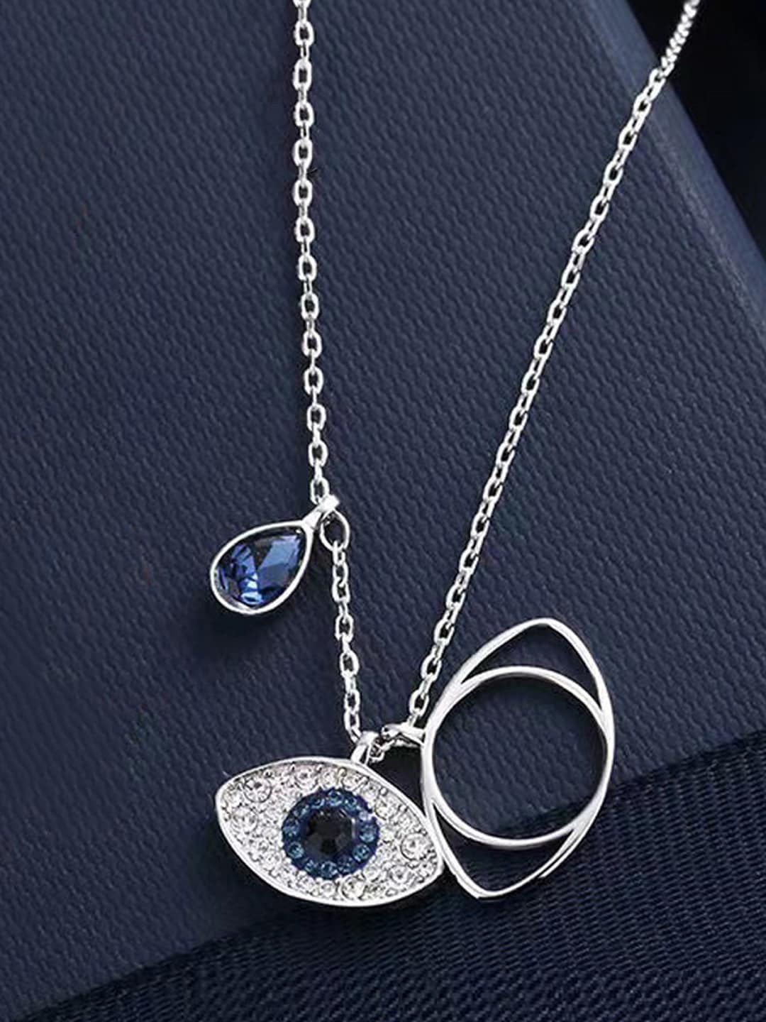 

Designs & You Silver-Plated American Diamond-Studded Evil Eye Pendant With Chain