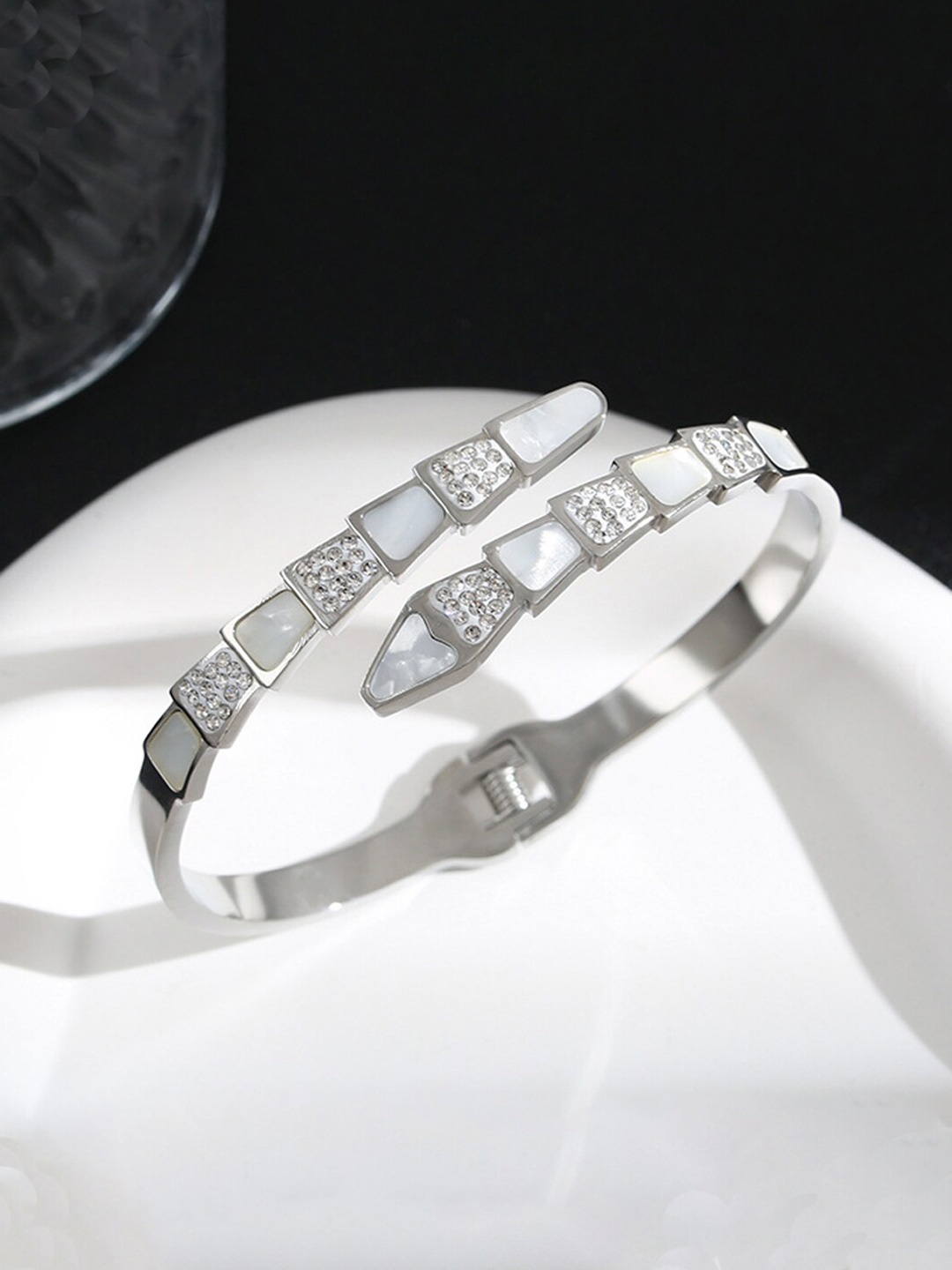 

Designs & You Silver-Plated American Diamond Studded Stainless Steel Bangle-Style Bracelet