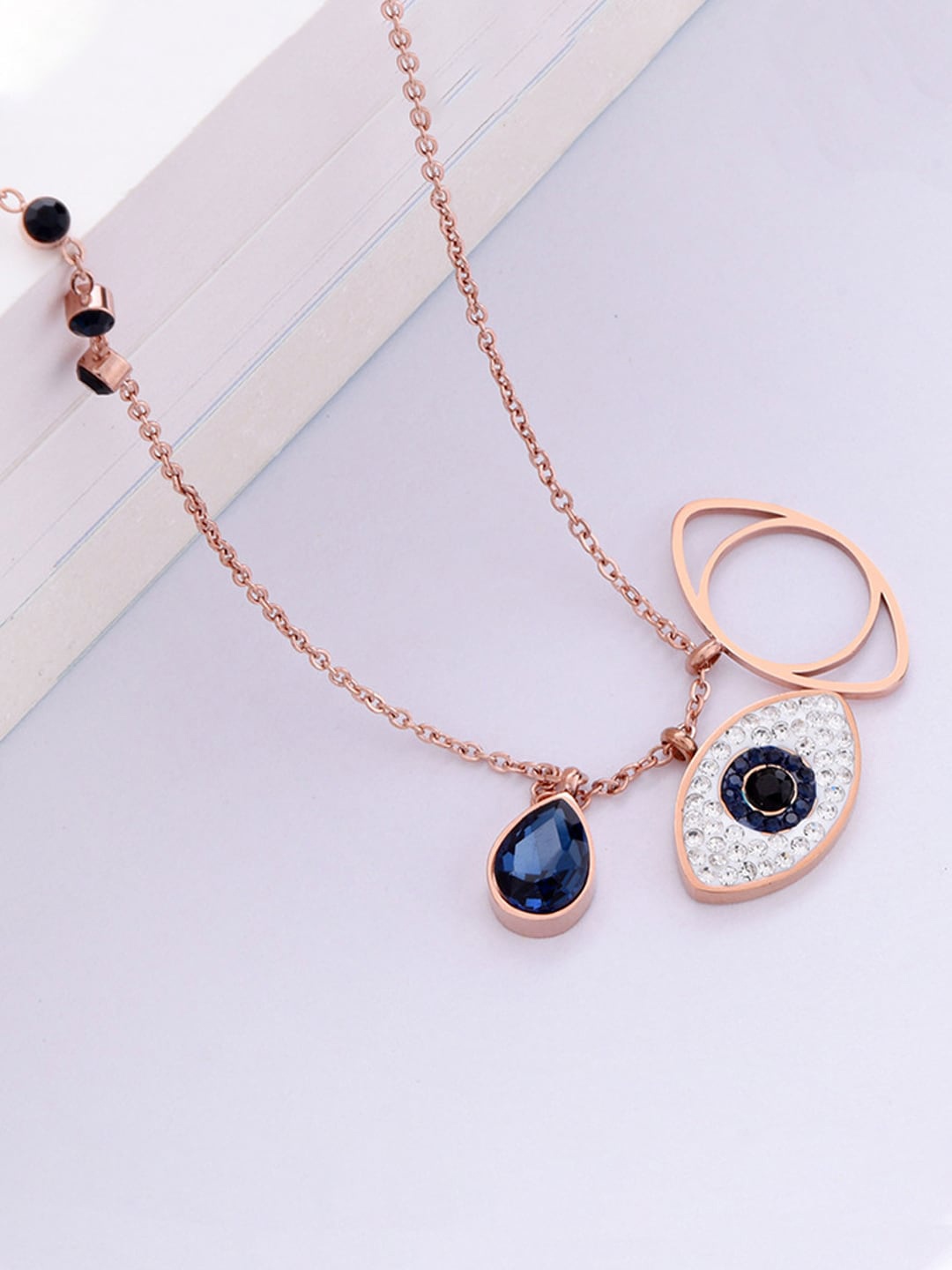 

Designs & You Rose Gold-Plated AD-Studded Evil Eye Pendant With Chain