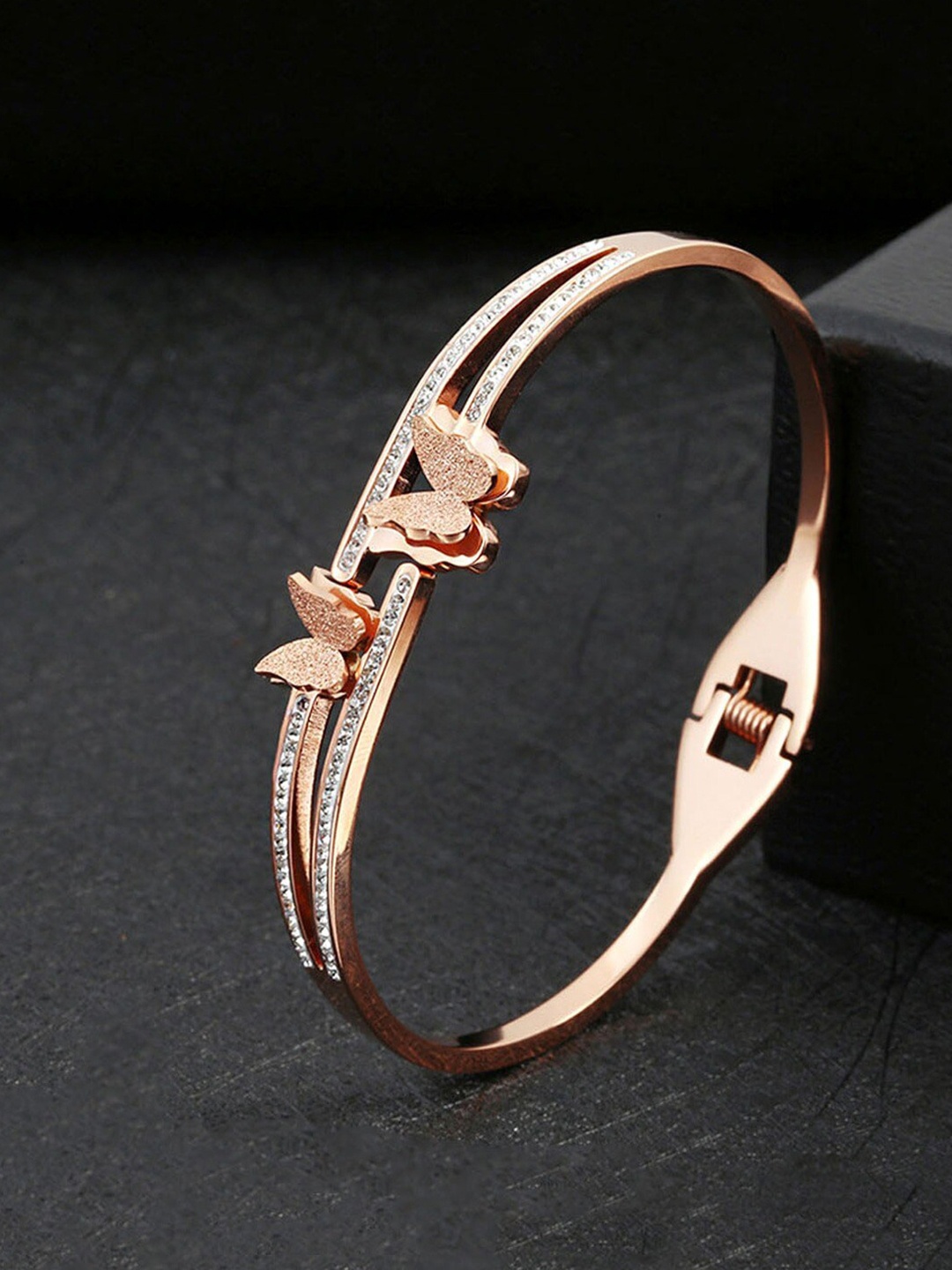 

Designs & You Rose Gold-Plated AD-Studded Stainless Steel Bangle-Style Bracelet